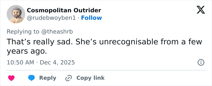 User comment on social media expressing sadness over Kelly Osbourne&rsquo;s transformation discussed on Ozzy&rsquo;s 77th birthday.