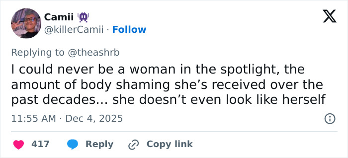Tweet screenshot discussing fans' reaction to Kelly Osbourne's transformation and body shaming in the public spotlight.