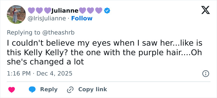 Tweet from user Julianne reacting to Kelly Osbourne's transformation with purple hair, expressing surprise at her changed appearance.