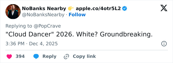 Screenshot of a tweet discussing Pantone&rsquo;s controversial Color of the Year 2026 named Cloud Dancer.