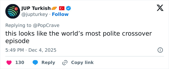 Tweet on polite crossover episode, referencing Justin Trudeau taking Katy Perry to meet Japan’s ex-PM in a formal setting. Tweet on polite crossover episode, referencing Justin Trudeau taking Katy Perry to meet Japan’s ex-PM in a formal setting.