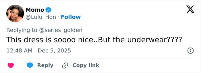 User tweet reacting to a see-through dress trend, mentioning underwear with surprise and humor. User tweet reacting to a see-through dress trend, mentioning underwear with surprise and humor.