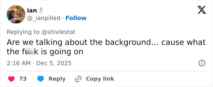 Twitter screenshot showing a user reacting to a bizarre detail noticed after Rebel Wilson shares photo with Ariana Grande.