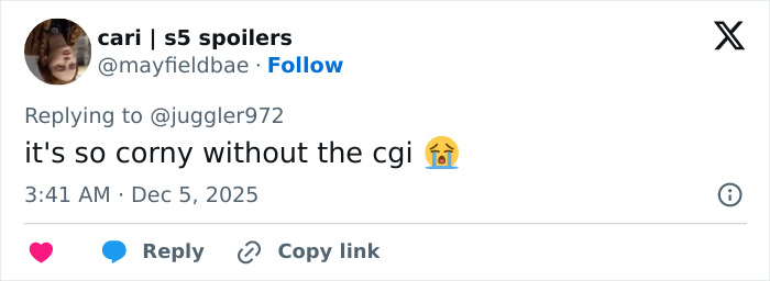 Tweet criticizing Noah Schnapp scene recreation in new Stranger Things season, calling it corny without CGI and expressing disappointment. Tweet criticizing Noah Schnapp scene recreation in new Stranger Things season, calling it corny without CGI and expressing disappointment.