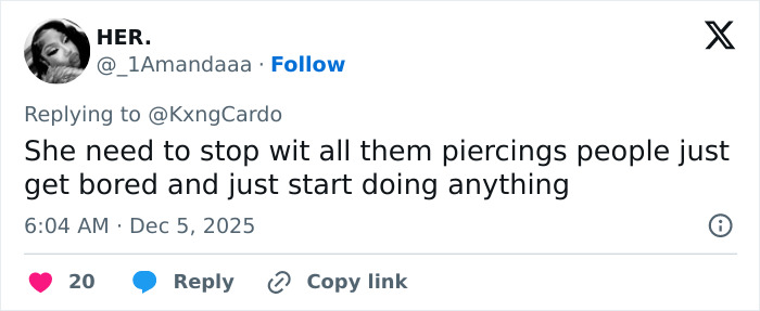 Twitter user commenting negatively about Cardi B&rsquo;s new neck and back piercings receiving backlash online.