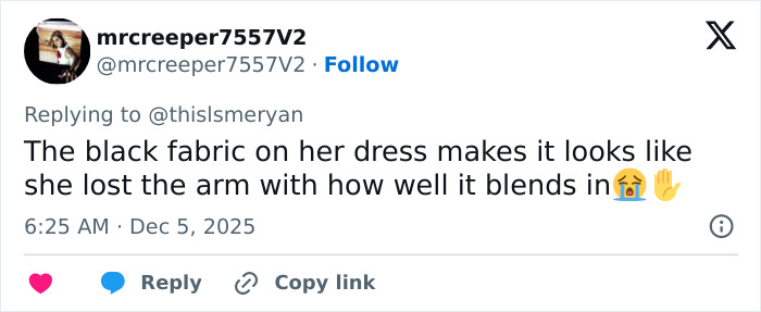 Twitter user commenting on a bizarre detail in a photo shared by Rebel Wilson featuring Ariana Grande's dress blending with her arm.