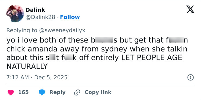 Screenshot of a Twitter reply defending Sydney Sweeney, addressing plastic surgery rumors with strong language about aging naturally. Screenshot of a Twitter reply defending Sydney Sweeney, addressing plastic surgery rumors with strong language about aging naturally.