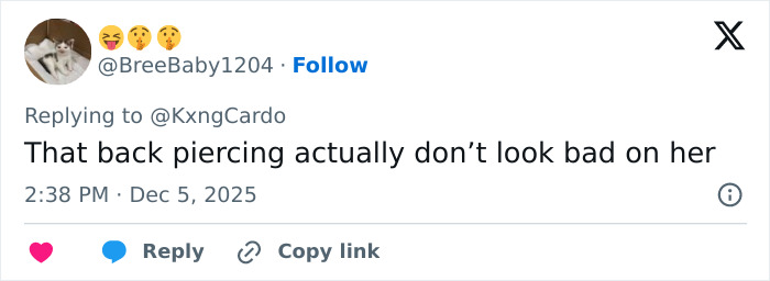 Social media user commenting on Cardi B&rsquo;s new neck and back piercings amid mixed reactions online.