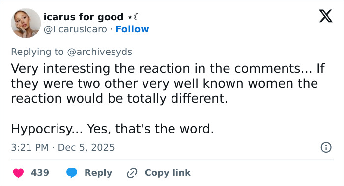 Tweet discussing viral video featuring Sydney Sweeney and Amanda Seyfried, sparking media bias and racial double standards debate.