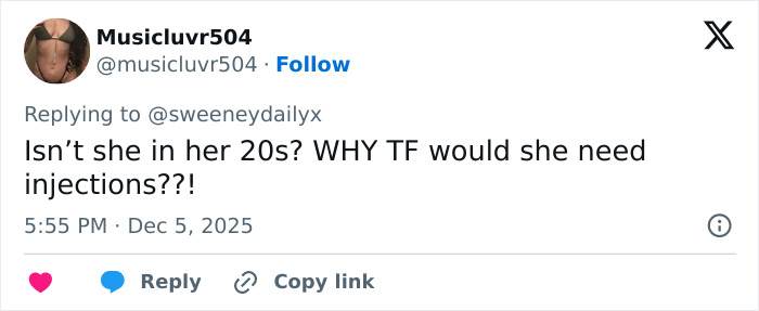 Social media post reacting to Sydney Sweeney plastic surgery rumors with skepticism about her need for injections. Social media post reacting to Sydney Sweeney plastic surgery rumors with skepticism about her need for injections.