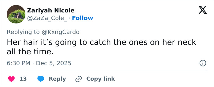 Screenshot of a tweet commenting on Cardi B&rsquo;s new neck and back piercings and concerns about hair catching on them.