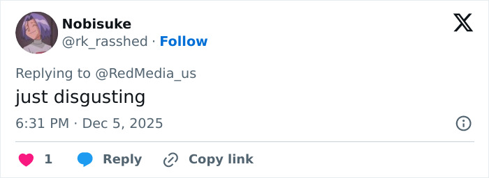 Tweet criticizing Cardi B's new neck and back piercings, calling the look disgusting in a social media reply.