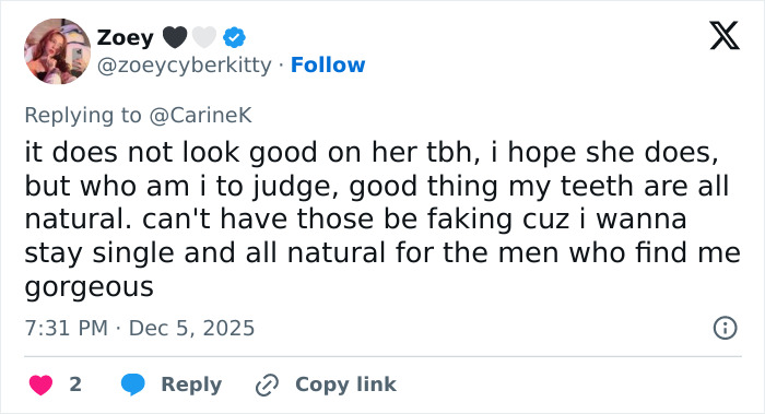 Tweet discussing natural teeth and reactions related to Miley Cyrus&rsquo;s youthful glow and viral makeover.