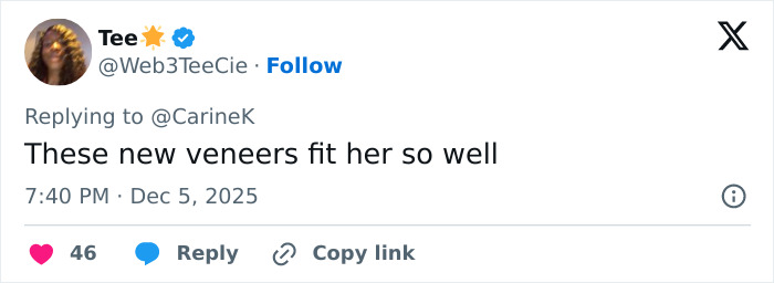 Screenshot of a social media comment praising Miley Cyrus&rsquo;s new veneers and her youthful glow in a viral makeover discussion.