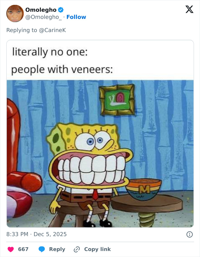 Cartoon character SpongeBob with an exaggerated smile showing large veneers, highlighting viral makeover and youthful glow.