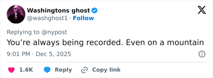 Screenshot of a tweet warning about being recorded, referencing a mountain related to woman abandoned and fatally frozen on Austria&rsquo;s peak.