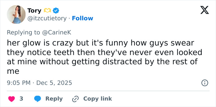 Screenshot of a tweet discussing Miley Cyrus&rsquo;s youthful glow and viral makeover after her veneers were taken out.