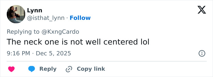 Screenshot of a Twitter reply commenting on Cardi B&rsquo;s new neck and back piercings saying the neck one is not well centered.