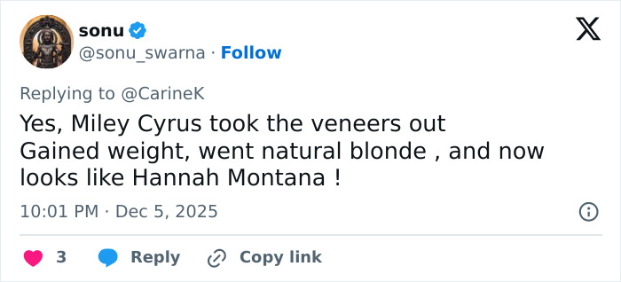 Social media post discussing Miley Cyrus&rsquo;s viral makeover and her youthful glow after taking the veneers out.