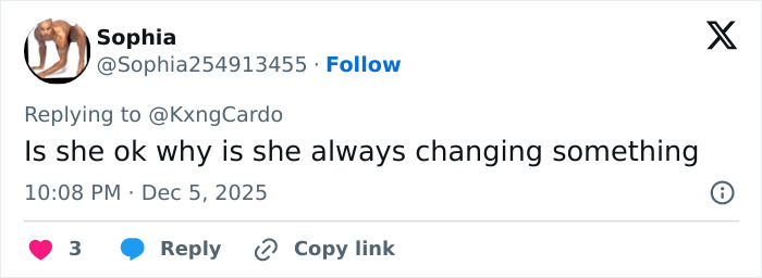Tweet by user Sophia questioning why Cardi B is always changing something after getting new neck and back piercings amid backlash.