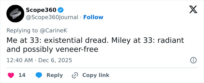 Screenshot of a social media post discussing Miley Cyrus&rsquo;s youthful glow and viral veneer-free makeover.