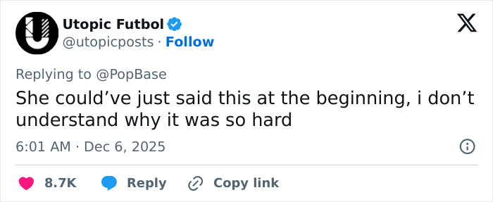 Tweet from Utopic Futbol reacting to Sydney Sweeney&rsquo;s apology for American Eagle ad causing heated reactions online.