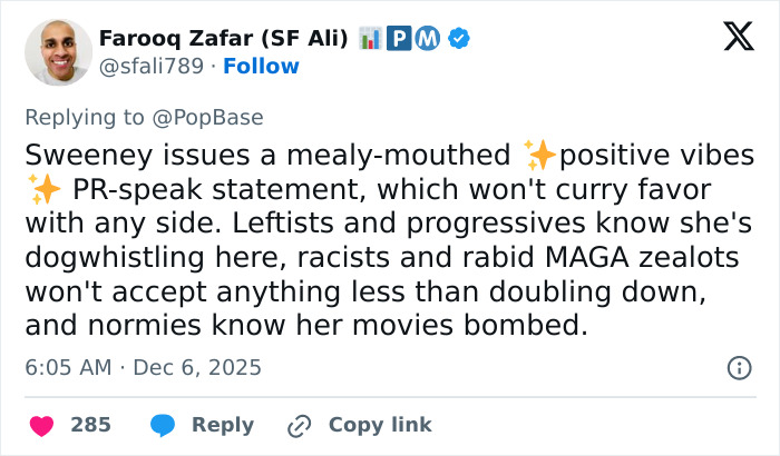 Tweet about Sydney Sweeney's delayed apology for American Eagle ad sparking heated reactions across social media.