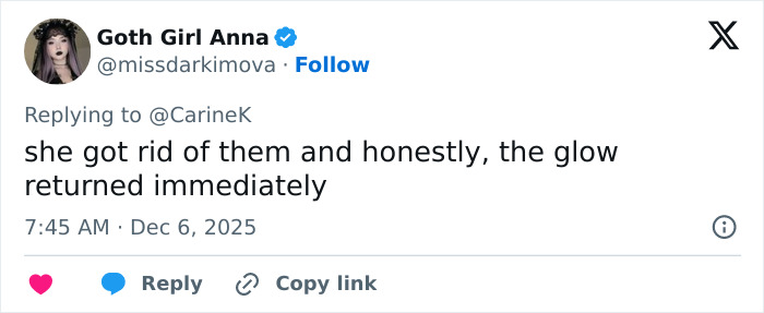 Tweet from Goth Girl Anna discussing Miley Cyrus&rsquo;s youthful glow after removing veneers, sparking viral makeover frenzy.