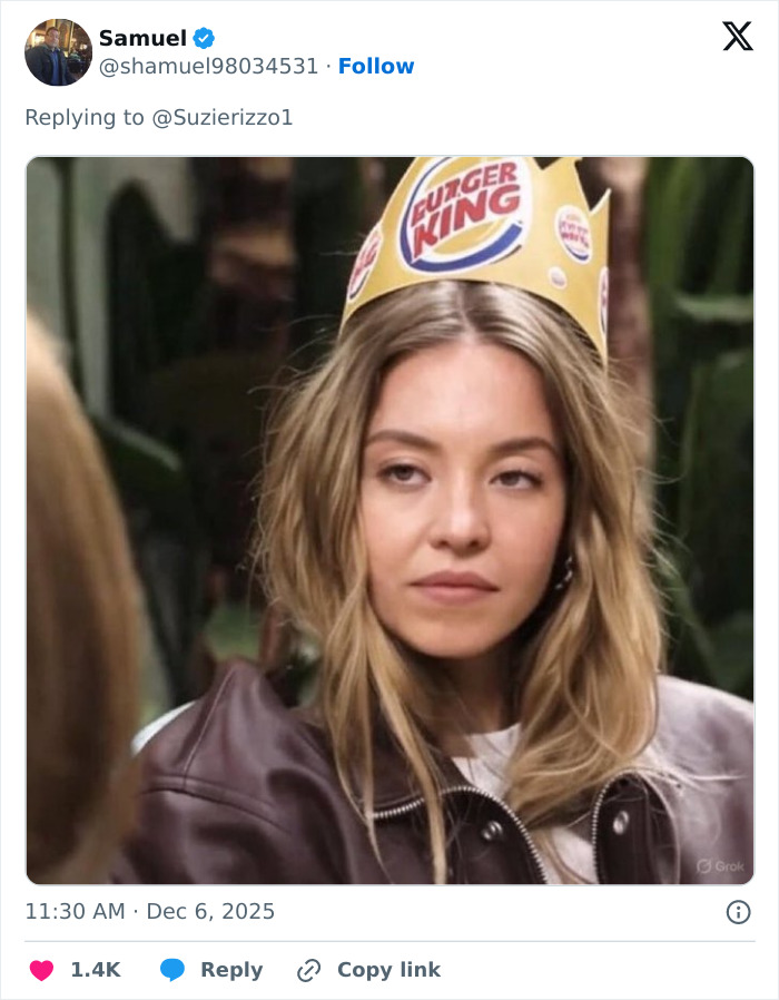 Young woman wearing a Burger King paper crown with a serious expression, related to Cinnabon worker's daughter controversy.