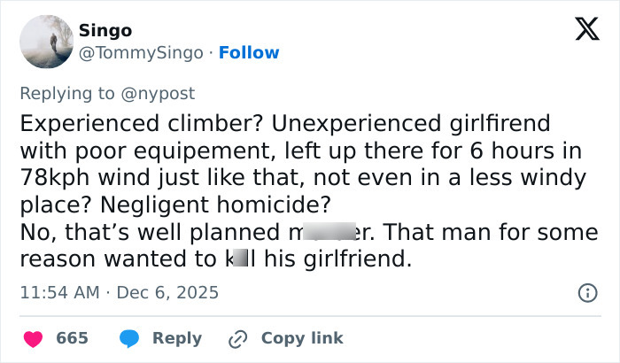 Tweet showing a user accusing boyfriend who abandoned woman on Austrian mountain of planned homicide after her body was found.