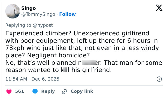 Tweet discussing woman abandoned by boyfriend leading to fatal freezing on Austria&rsquo;s highest peak, highlighting negligence and intent.
