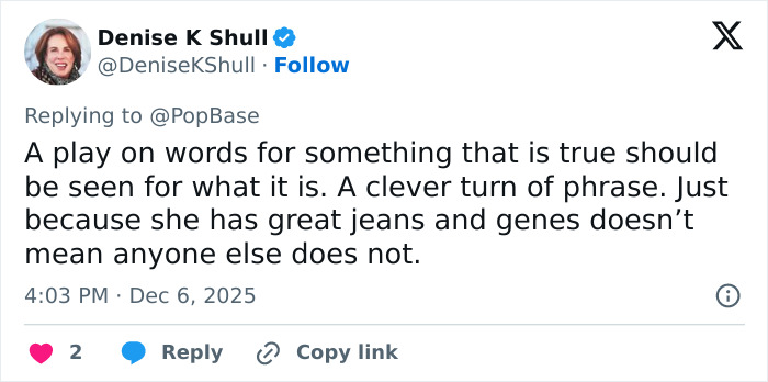 Tweet by Denise K Shull discussing a wordplay related to Sydney Sweeney's American Eagle ad apology reactions.