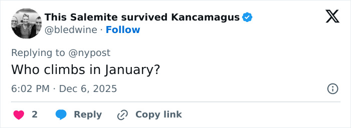 Tweet by user This Salemite survived Kancamagus questioning climbing in January, related to boyfriend who abandoned woman on Austrian mountain.
