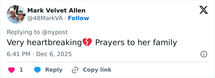 Tweet from Mark Velvet Allen expressing heartbreak and prayers for the woman abandoned to fatally freeze on Austria&rsquo;s highest peak.