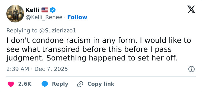 Tweet from Cinnabon worker&rsquo;s daughter addressing racism claims after tirade against Somali couple, expressing concern and judgment delay.