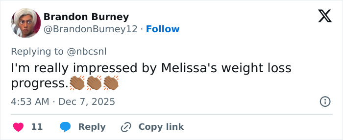 Tweet praising Melissa McCarthy&rsquo;s jaw-dropping 95-pound weight loss progress after her SNL appearance.