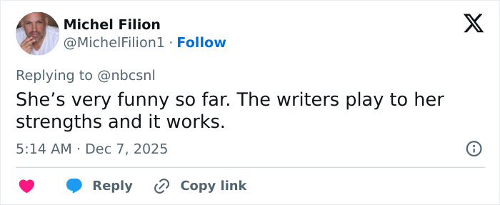 Tweet praising Melissa McCarthy&rsquo;s performance, highlighting her strengths after her SNL appearance and weight loss buzz.