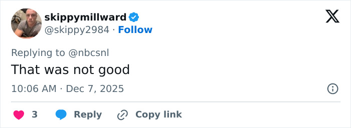 Twitter reply from verified user Skippymillward criticizing NBC's SNL with text mentioning Melissa McCarthy's weight loss buzz after her appearance.