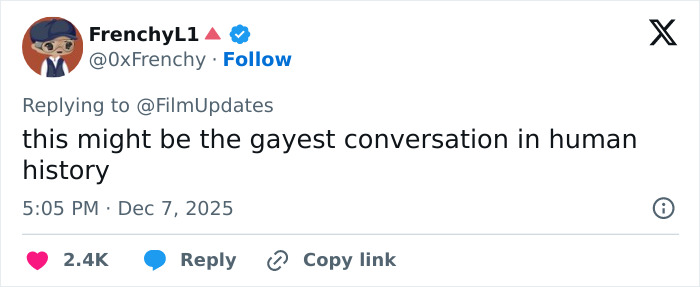 Tweet by FrenchyL1 reacting to a conversation, referencing David Corenswet in a critical online discussion.