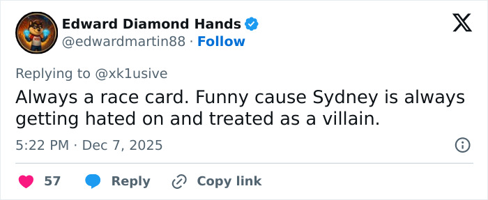 Screenshot of a tweet discussing Sydney Sweeney and media bias in viral video sparking racial double standards debate.