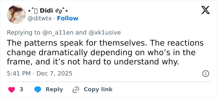 Tweet discussing media bias and racial double standards in viral video of Sydney Sweeney and Amanda Seyfried debate.