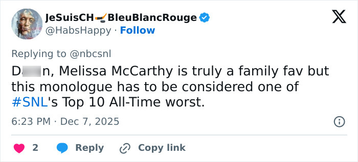 Tweet from a user discussing Melissa McCarthy&rsquo;s weight loss and her recent monologue on SNL, posted in 2025.