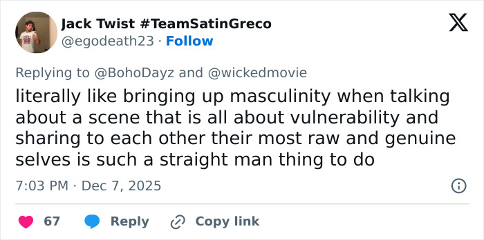 Tweet discussing masculinity and vulnerability in response to David Corenswet&rsquo;s controversial 1950s perspective remarks.