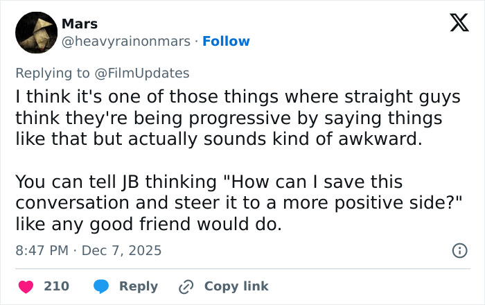 Tweet discussing David Corenswet sparking outrage over 1950s perspective of masculinity in conversation with Jonathan Bailey.