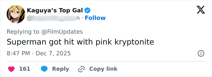 Tweet by Kaguya&rsquo;s Top Gal responding to FilmUpdates with a comment about Superman and pink kryptonite on social media.