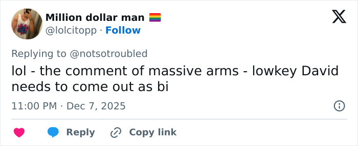 Tweet from user Million dollar man commenting on David Corenswet&rsquo;s masculinity and speculating about his sexuality.