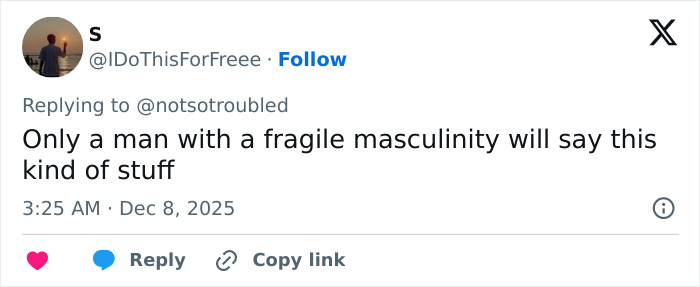 Screenshot of a tweet criticizing fragile masculinity, related to David Corenswet&rsquo;s 1950s perspective of masculinity.