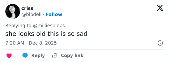 Screenshot of a tweet critiquing Millie Bobby Brown's latest sheer outfit and fan reactions to past Fallon appearances.
