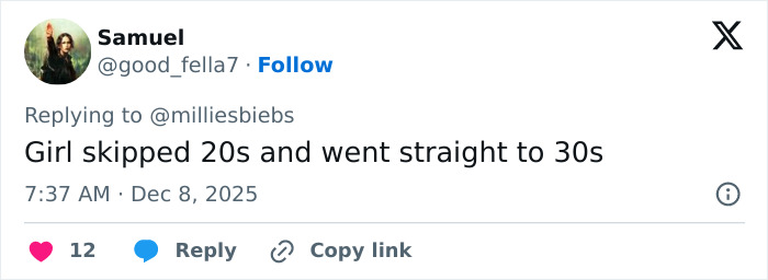 Screenshot of a tweet about Girl Skipped 20s, commenting on Millie Bobby Brown&rsquo;s mature look in a sheer outfit.