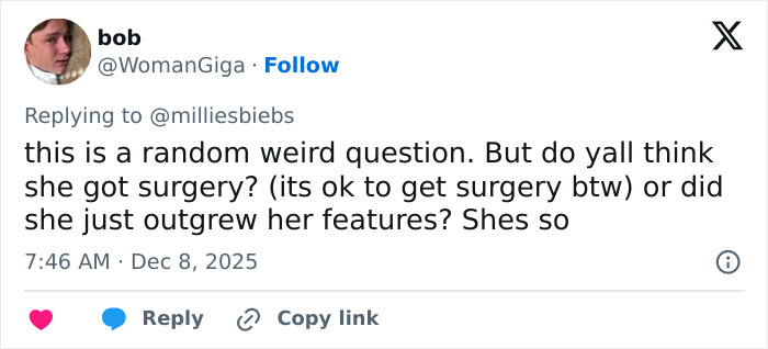 Screenshot of a social media comment discussing Millie Bobby Brown's changed appearance and fan reactions online.